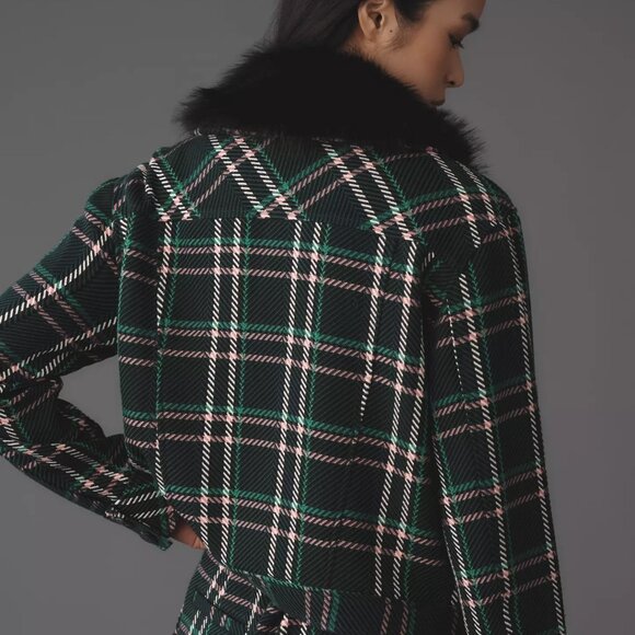 NWT Maeve Plaid crop Faux-Fur Collar Coat - Picture 4 of 11